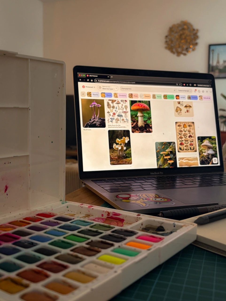 Photo d'une ordinateur présentant sur son écran des recherches sur des champignons pour une prochaine illustration.