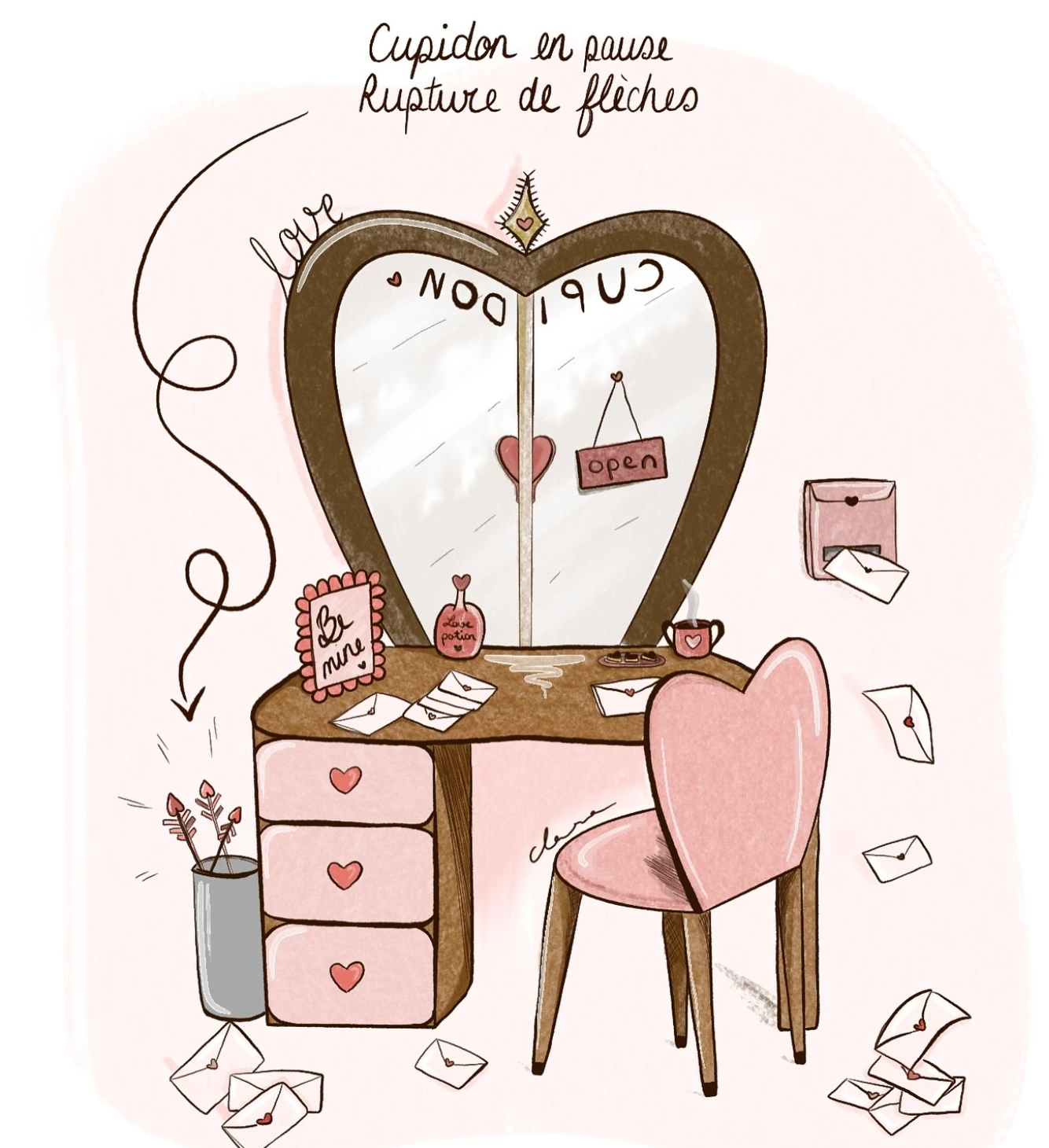 Illustration faite sur procreate : bureau de cupidon actuellement en pause.