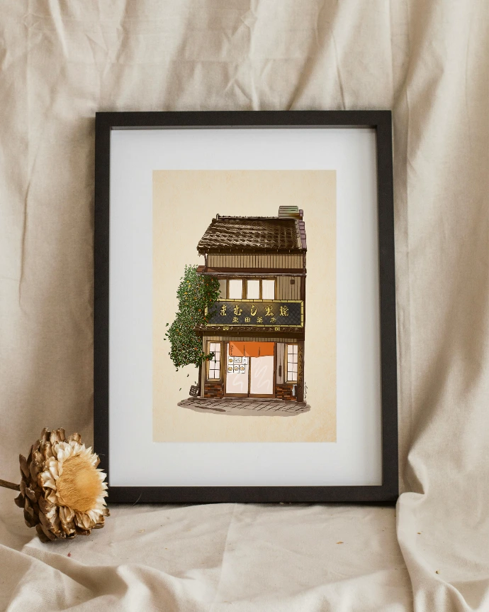 Illustration faite sur procreate : bâtiment japonais, restaurant d'omelettes japonaises avec un oranger sur le côté.