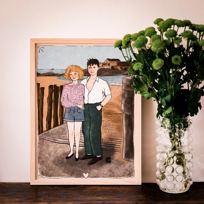 Illustration faite sur procreate : couple sur la plage du sillon à Saint-Malo.