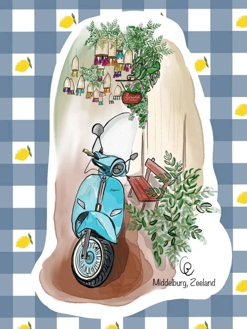 Illustration faite sur procreate : scooter garé dolce vita avec des plantes tout autour.