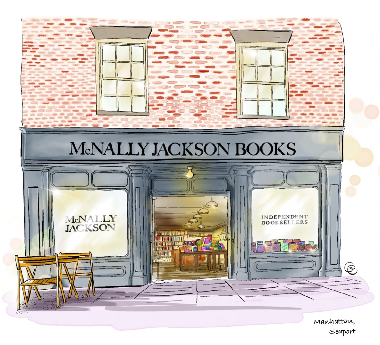 Illustration faite sur procreate : Librairie café à Manhattan au Seaport.