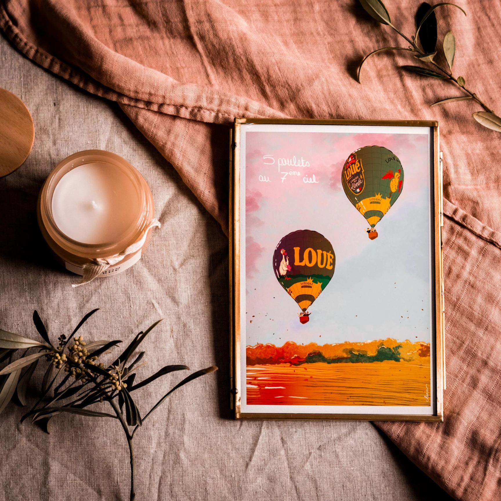 Illustration faite sur procreate : deux montgolfières dans le ciel lors du coucher de soleil en automne.