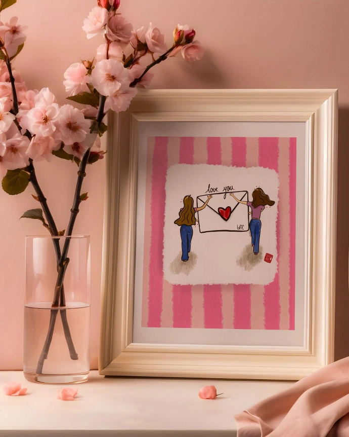 Illustration faite sur procreate : dans un tableau à côté d'un bouquet de fleurs on y retrouve le dessin de deux femmes meilleures amies en train de tenir une enveloppe géante, une lettre d'amour.