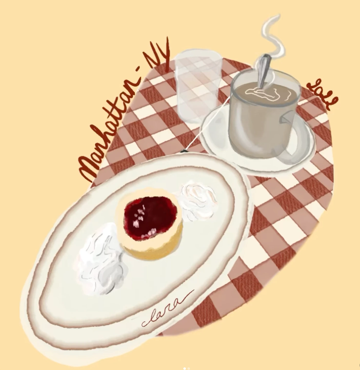 Illustration faite sur procreate : pâtisserie dans une assiette avec de la chantilly et de la confiture, s'accompagnant d'un thé.