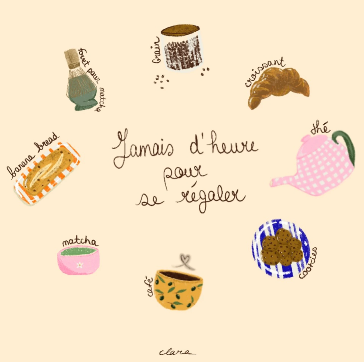 Illustration faite sur procreate : horloge de la pause goûter avec plusieurs éléments qui peuvent composer une pause gourmande.