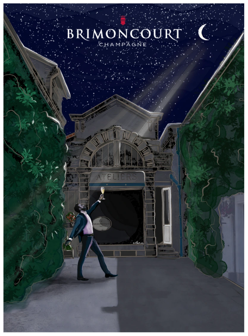Illustration faite sur procreate : un homme qui boit du champagne lors d'une nuit étoilée.