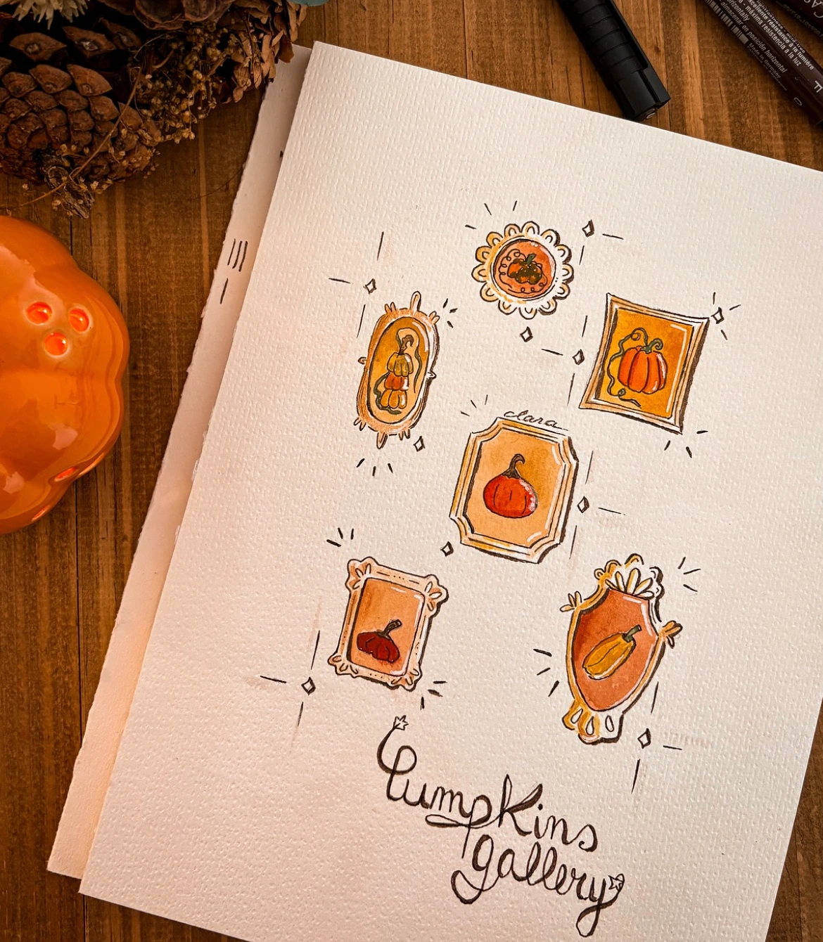 Illustration faite à l'aquarelle : panel de tableaux représentant une courge différente.